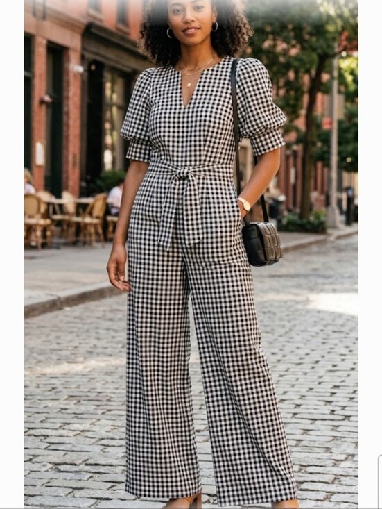 New York & Company Pants - NWOT. NY&CO. Gingham Puff Sleeve Wide-leg Jumpsuit Sz.M Black/White